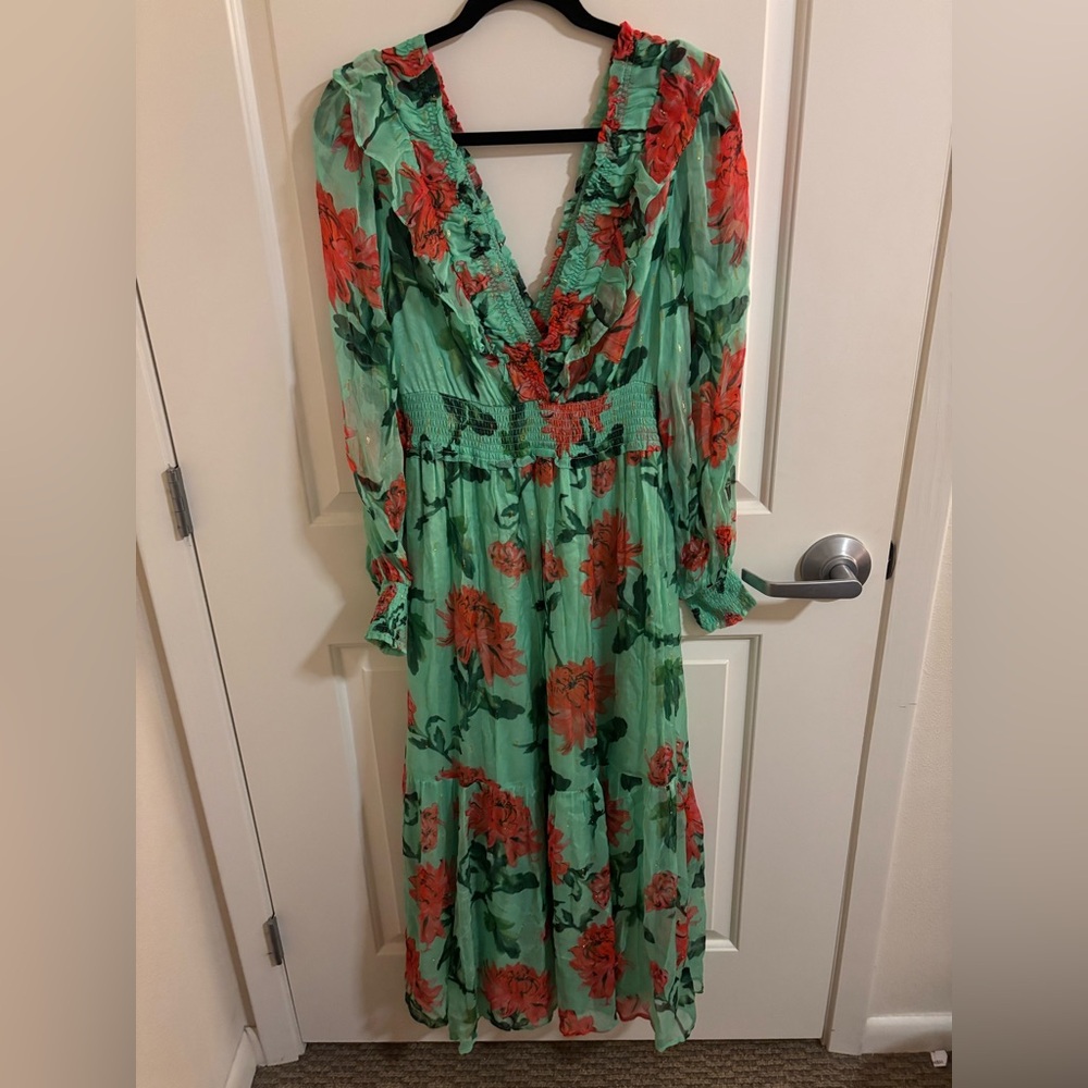 Anthropologie The Odetta Ruffled V-Neck Maxi Dress, Green and Red Floral, Size L - Picture 3 of 4